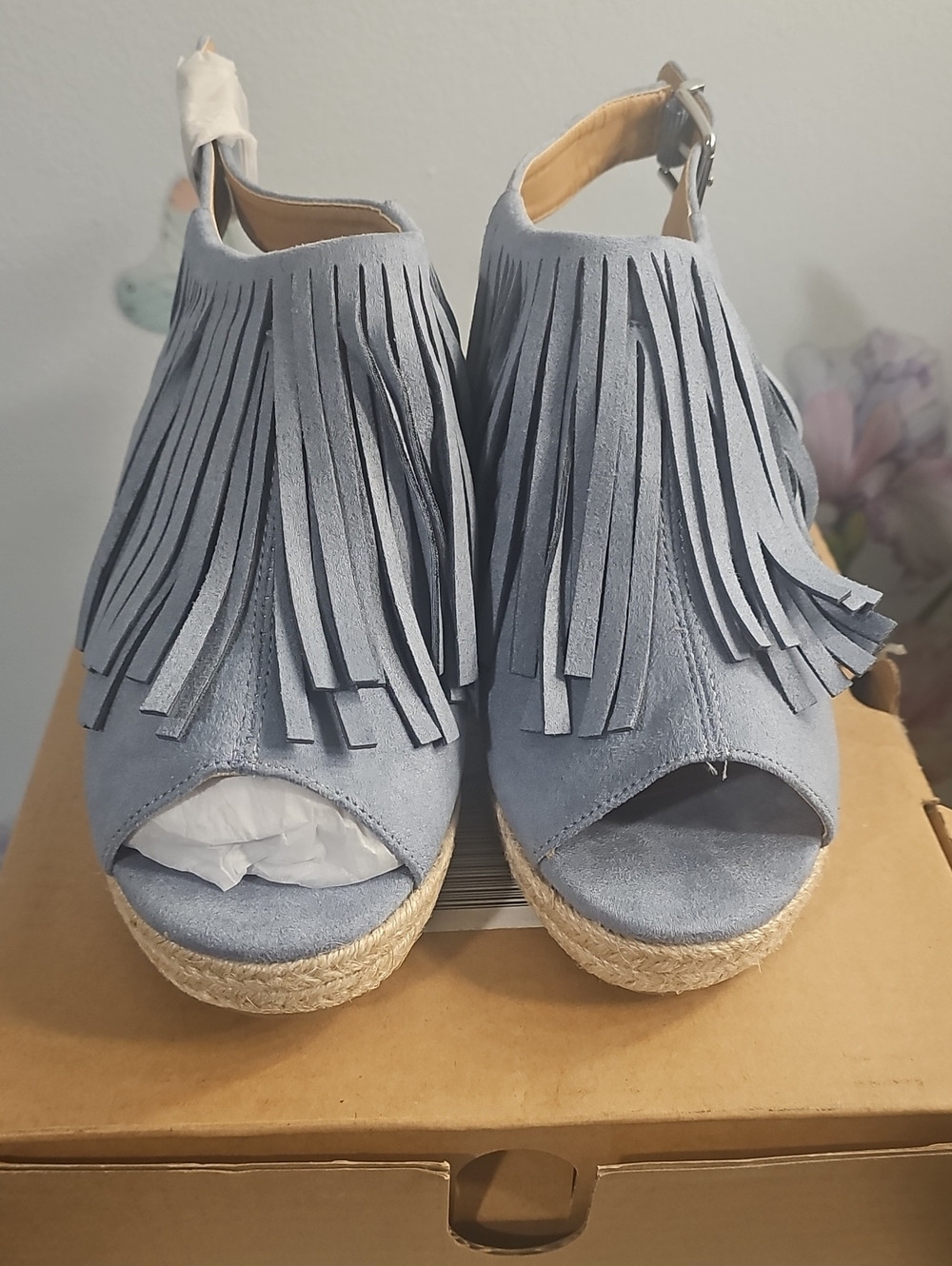 comfortview Light Blue Fringe Espadrille Wedge Sandals